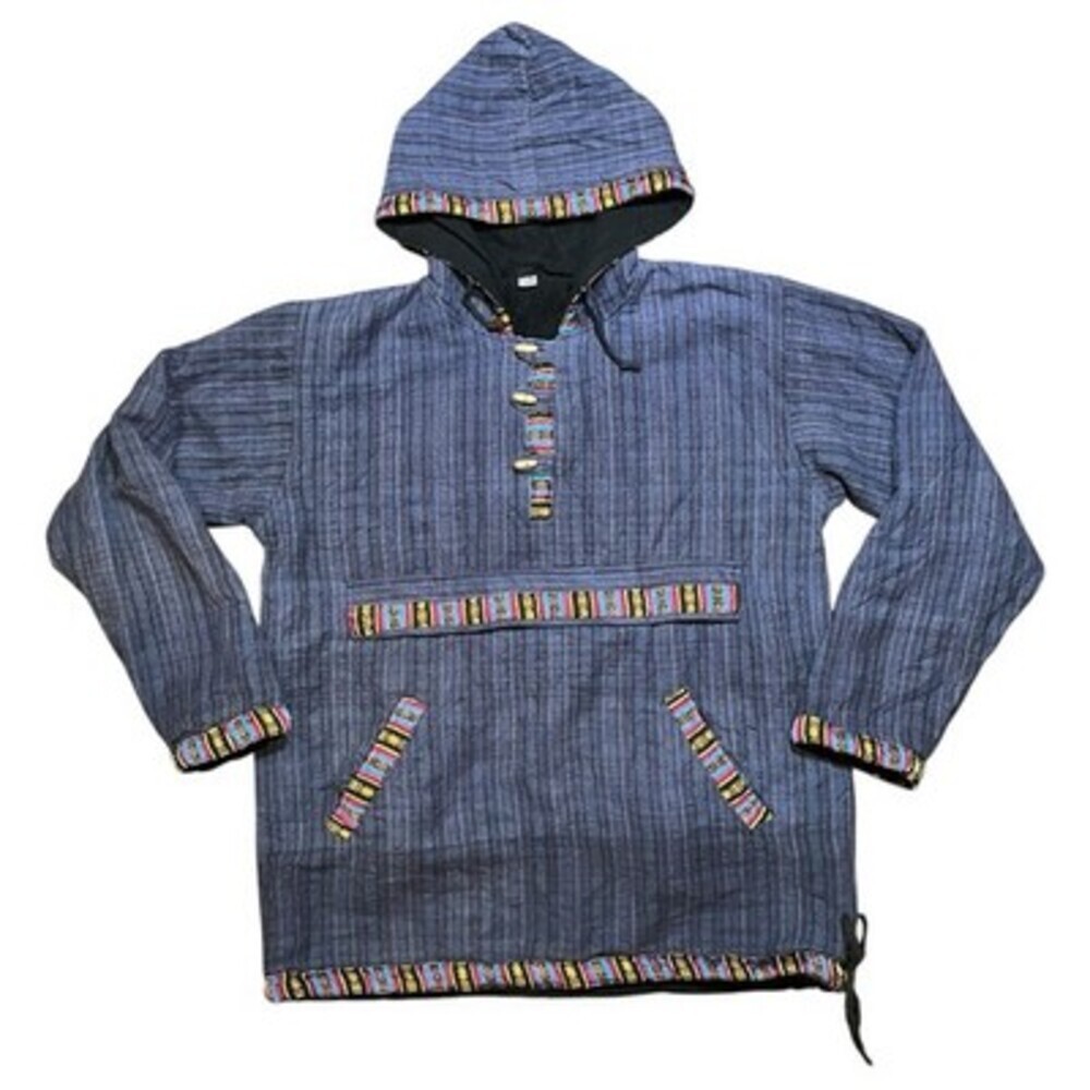 Blue Aztec Anorak Hoodie Jacket Size Large Toggles Lined‎ Hippie Boho Nepal